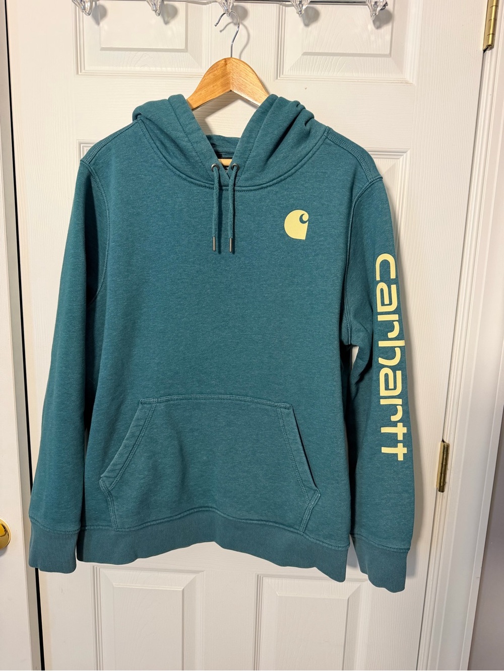 Carhartt Men’s Teal Crewneck Hoodie with Yellow Logo